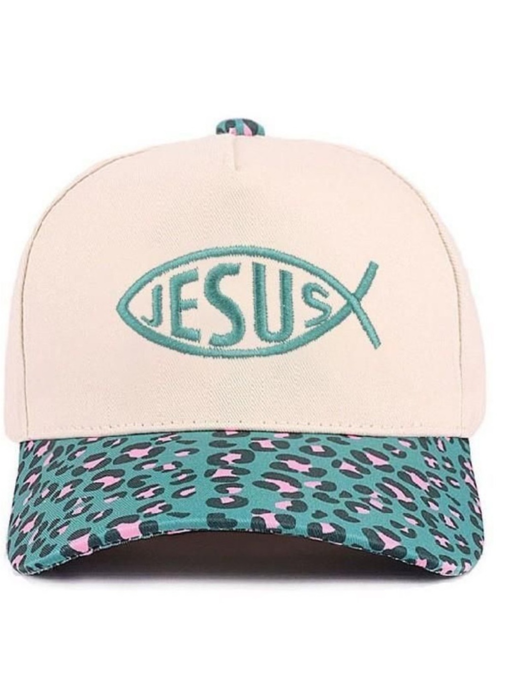 JESUS Embroidered Trucker Hat with Teal & Pink Leopard Brim